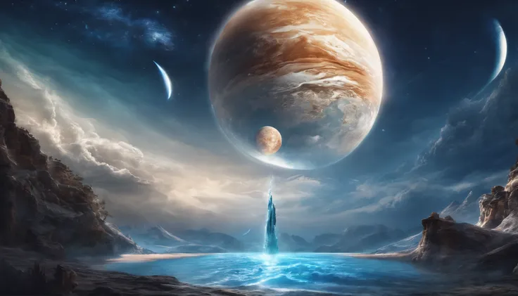 huge planet, the night, starrysky, surrealism, masutepiece, hight resolution、Impressive Milky Way:1.9、sand beach、Vast blue ocean、Blue glacier、lightning bolt:1.9、Protoplanets