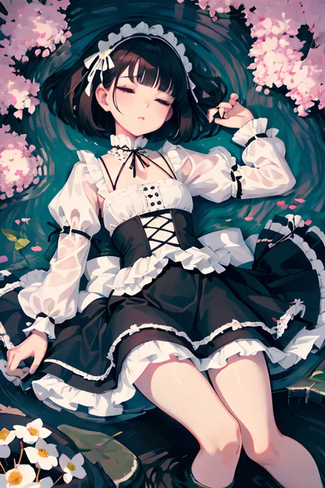 Knees，Curtsey，lift up ones skirt，child，（​masterpiece，Highest Quality），(shortsleeves，White Gothic Lolita)，Sleepy face，Round eyes，A dark-haired，Semi-long bob，bare-legged，small stream，cherry trees，undergarment