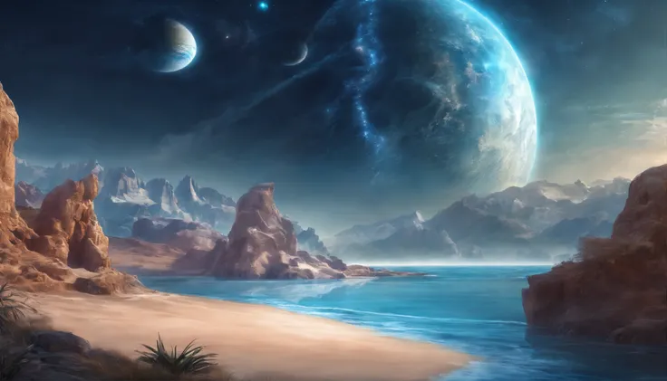 huge planet, the night, starrysky, surrealism, masutepiece, hight resolution、Impressive Milky Way:1.9、sand beach、Vast blue ocean、Blue glacier、lightning bolt:1.9、Protoplanets