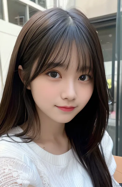 1girl in, Black hair, (14 years old:1.3),
Girl sitting at a table opposite a café, Latte on the table, Shes chatting with me, (Whole body:1.3), Rather long face, Affectionate gaze,
(8K, Raw photo, Best Quality, masutepiece:1.2), high-definition RAW color p...