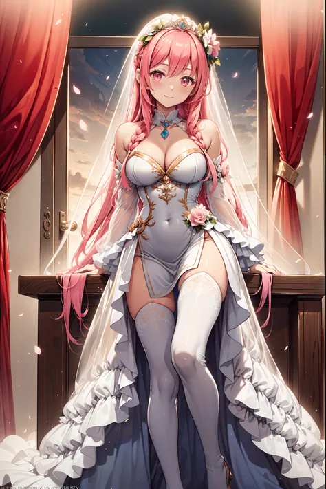 (Best quality,4K,8K,A high resolution,Masterpiece:1.2),Ultra-detailed,Beautiful girl,Enchanted,Seductive pose,cheerfulness,divino,Magical effect,light pink colored hair,(Pure white wedding dress),Pale pink fabric,Pattern,The brides crown,Sophisticated atti...