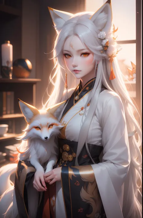 anime girl with long hair and a fox, a beautiful fox lady, white - haired fox, beautiful character painting, by Yang J, beautiful anime portrait, girl with fox ears, a beautiful kitsune woman, by Ni Tian, artwork in the style of guweiz, guweiz, by Ren Renf...