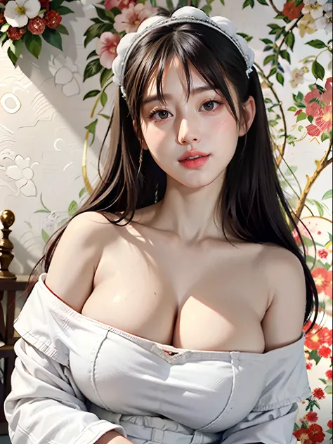 18yo woman、Young features、with round face、Round jaws、Plump cheeks、embarrassed from、red blush、with a flushed face、A dark-haired、length hair、Sauce order、big eye、Dark eyes、Looking at me with a smile、young and white skin、Soft skin、Huge breasts、cleavage of the ...