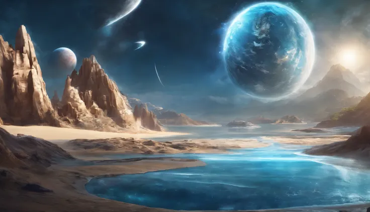 huge planet, the night, starrysky, surrealism, masutepiece, hight resolution、Impressive Milky Way:1.9、sand beach、Vast blue ocean、Blue glacier、lightning bolt:1.9、Protoplanets