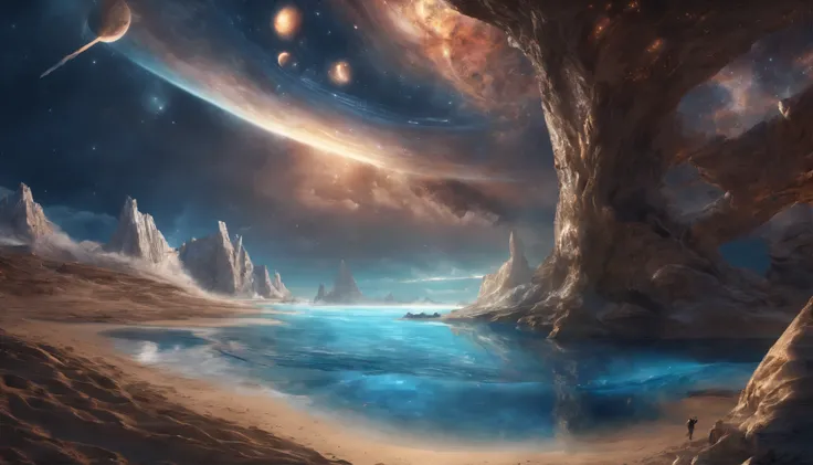 huge planet, the night, starrysky, surrealism, masutepiece, hight resolution、Impressive Milky Way:1.9、sand beach、Vast blue ocean、Blue glacier、lightning bolt:1.9、Protoplanets