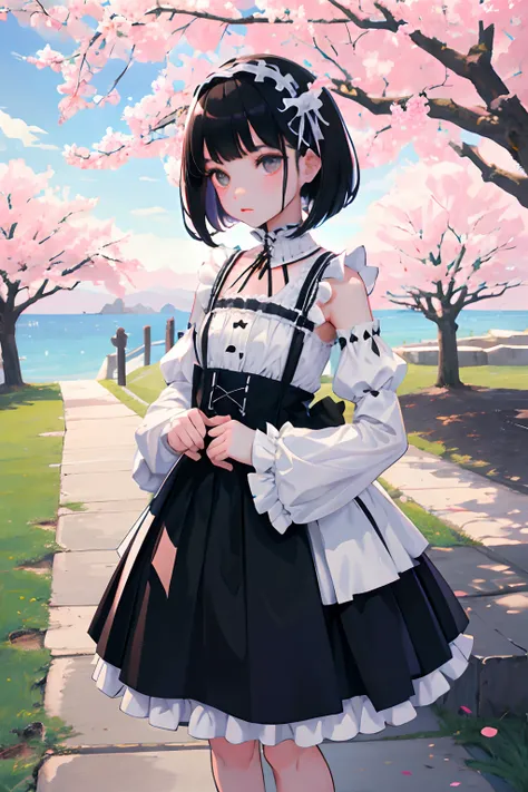 Knees，Standing，(Curtsey，skirt rift)，child，（​masterpiece，Highest Quality），(White Gothic Lolita，summer clothing，no sleeves)，Sleepy face，Round eyes，A dark-haired，Semi-long bob，bare-legged，Tatami mats，cherry trees，put up an umbrella，undergarment