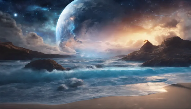 huge planet, the night, starrysky, surrealism, masutepiece, hight resolution、Impressive Milky Way:1.9、sand beach、Vast blue ocean、Blue glacier、lightning bolt:1.9、Protoplanets