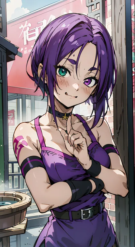 Masterpiece, Best quality, Ultra-detailed, Colorful,take up close, Hyper-detailing，purple color hair, reo mikage, bluelock, no sleeves, camisole and cheongsam, chinese clothes, chest exposure, underwear, frilly underwear, the kinky is exposed, choker, blac...