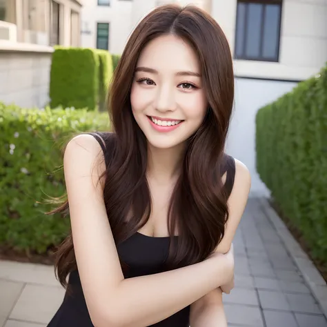 ((Best quality, 8k, Masterpiece :1.3)), 1girl, smiling, full body, slim face, Pretty woman, (Dark brown hair), full length dress :1.1, Ultra-detailed face, Detailed eyes, Double eyelid, blur background, slim face, city, outside, street,