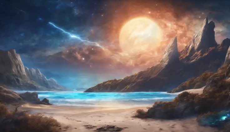 huge planet, the night, starrysky, surrealism, masutepiece, hight resolution、Impressive Milky Way:1.9、sand beach、Vast blue ocean、Blue glacier、lightning bolt:1.9、Protoplanets