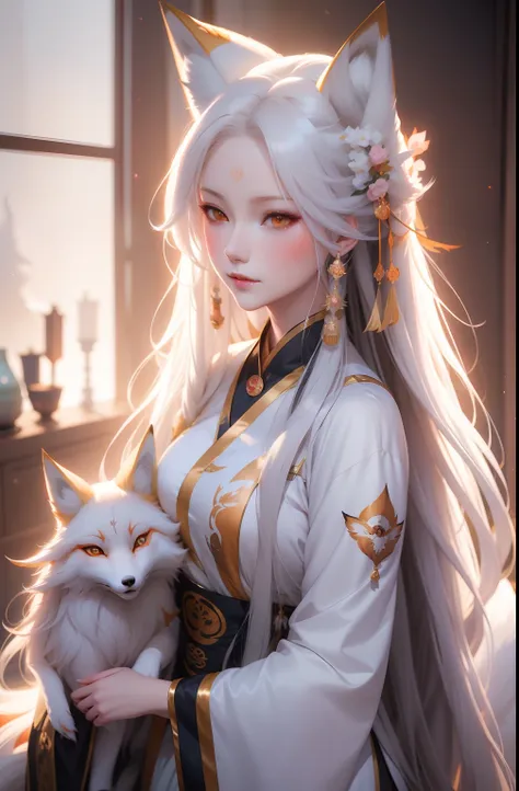 anime girl with long hair and a fox, a beautiful fox lady, white - haired fox, beautiful character painting, by Yang J, beautiful anime portrait, girl with fox ears, a beautiful kitsune woman, by Ni Tian, artwork in the style of guweiz, guweiz, by Ren Renf...