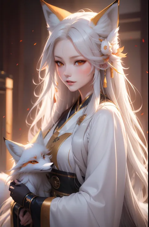 anime girl with long hair and a fox, a beautiful fox lady, white - haired fox, beautiful character painting, by Yang J, beautiful anime portrait, girl with fox ears, a beautiful kitsune woman, by Ni Tian, artwork in the style of guweiz, guweiz, by Ren Renf...