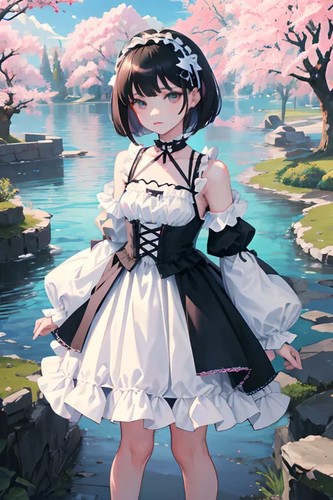 Knees，Standing，(Curtsey，skirt rift)，child，（​masterpiece，Highest Quality），(White Gothic Lolita，summer clothing，no sleeves，Shoulder out)，Sleepy face，Round eyes，A dark-haired，Semi-long bob，bare-legged，Tatami mats，cherry trees，undergarment