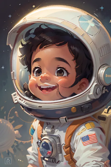 pequeno menino, cabelo preto, pequeno astronauta, traje de astronauta, fundo branco, illustration for childrens book, fundo branco, sorrindo