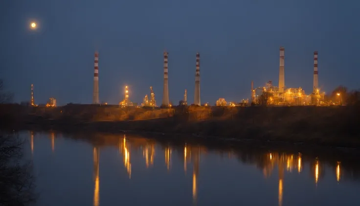 "A peaceful and peaceful night, Bask in a silvery glow. Harmonious moon landscape，Yellow Moon，Homely feeling，(((Several electrical workers are at work))),Coal-fired power plants，Towering chimneys。