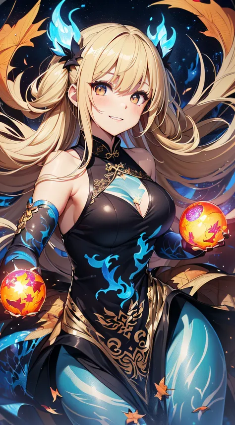 top-quality、Top image quality、​masterpiece、girl with((18year old、Black and Red Sleeveless Cheongsam、Best Bust、Bust 90、Blonde twintails、Golden Eyes、open chest wide、Valley、Happiness、A slender、ssmile、Blue aura on both arms、Glass Hair Fastening、Reflecting the ...