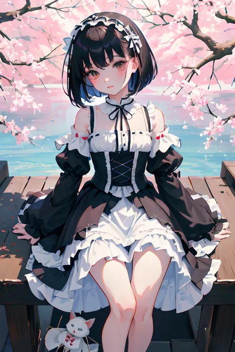 Knees，Standing，(Curtsey，skirt rift)，child，（​masterpiece，Highest Quality），(White Gothic Lolita，shortsleeves，Shoulder out)，Sleepy face，Round eyes，A dark-haired，Semi-long bob，bare-legged，Tatami mats，cherry trees，undergarment