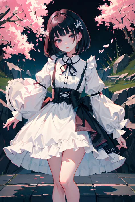 Knees，Standing，(Curtsey，skirt rift)，child，（​masterpiece，Highest Quality），(shortsleeves，White Gothic Lolita)，Sleepy face，Round eyes，A dark-haired，Semi-long bob，bare-legged，Tatami mats，cherry trees，undergarment