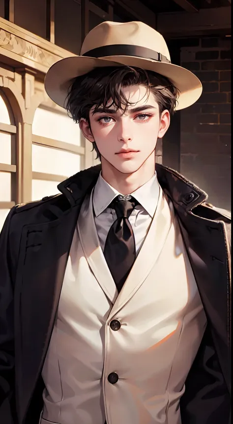 (tmasterpiece, high resolution, ultra - detailed:1.0),1人, Mature male, Quiet and charming young man, 25 years old, closing her eyes, Serious look, ((dark gray eyes)), ((Right sweep short dark brown hair)), [Thick eyebrows], Detective, ((Wear a classic coat...