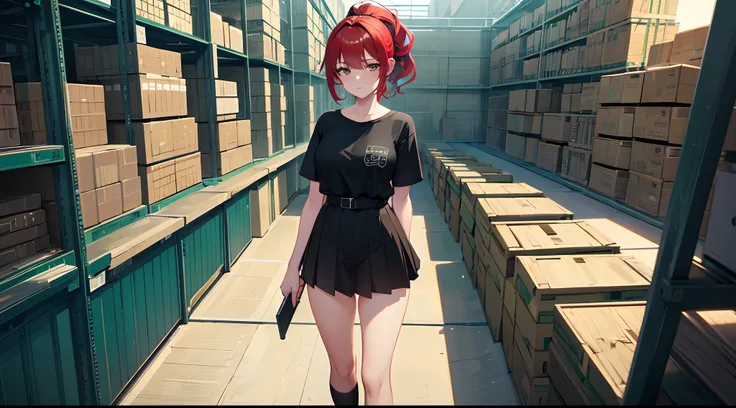 masterpiece, lots of detail, 4k, 8k, ((ultra-detailed)), highres, 2girls, warehouse, stacking boxes, {red hair|green hair|black hair|blue hair}, {ponytail|short hair|long hair|curly hair}