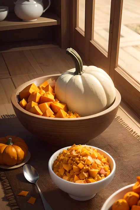 Freshly picked pumpkin，Cut into chunks and place in a white porcelain bowl，Presents a unique sense of beauty and appetite。It has a unique taste and aroma，Evocative。8k，cartoonish style