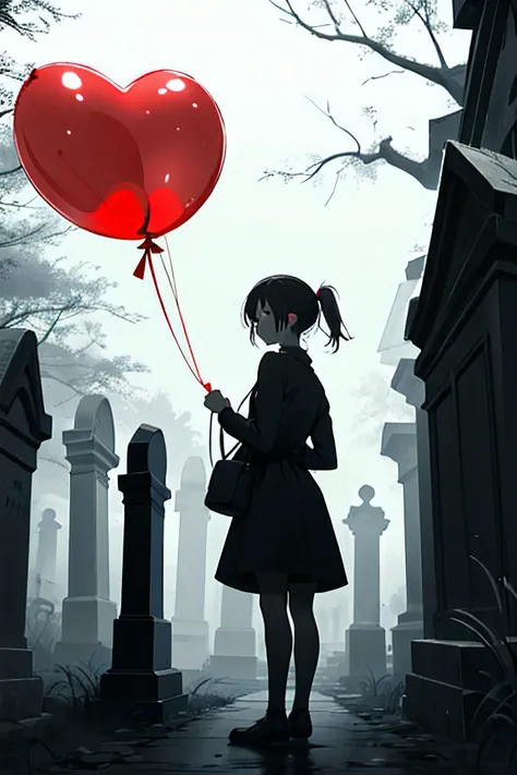 Draw a young girl from the back, holding a single red balloon whilst stood in a creepy dark graveyard