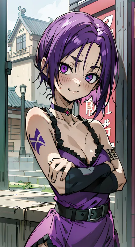 masutepiece, Best Quality, Ultra-detailed, Colorful,Up-close, Hyper-detailing，purple color  hair, Reo Mikage, Blue Lock, no sleeves, Camisole and cheongsam, chinese clothes, Chest exposure, Underwear, Ruffled underwear, Metamorphosis is exposed, Choker, Bl...