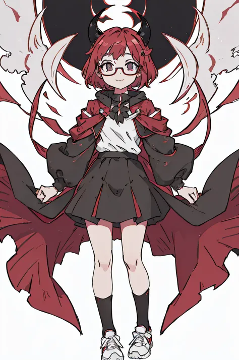 Anime girl with horns and glasses anime moe art style, demon anime girl, Demon girl with short hair with chestnut shawl, in an anime style, Standing portrait of a demon girl,[[[[grinning evily]]]], The witch stood up and looked at the audience， anime visua...