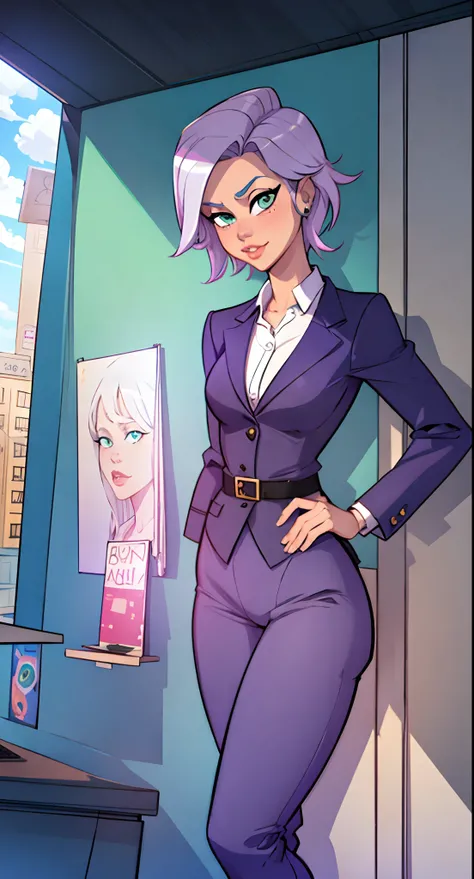 Best qualilty, masterpiece, 1girl, turqoise office suit and pants, medium short hair, lavender hair, cowboy shot, green eyes, office, secretary