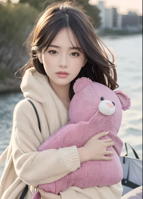 1girl walking on the river, mix4, sweater, pillow, lips, open_mouth, realistic, photo_(medium), solo, stuffed_animal, stuffed_toy, teddy_bear,(masterpiece),(photorealistic:1.3), ultra-detailed, (high detailed skin:1.2),(best quality:1.0), (ultra highres:1....