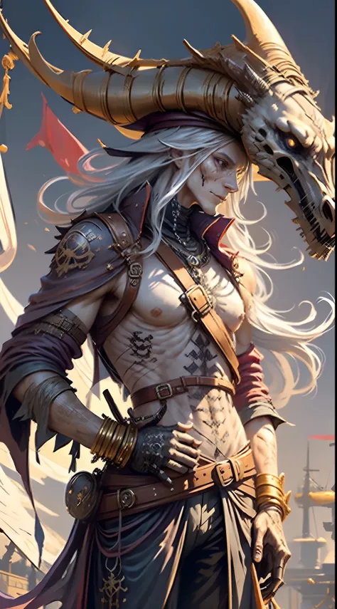 full bodyesbian, Top quality, Intricate details , (Fine skin, Shiny skin, Shiny hair, Pale complexion), Purple sky, golden time, Sunset, Sail ships, Pirate ship, ((Skull mark on flag)), Ambitious, Seductive Woman, Gray hair, Long hair, Hair fluttering in t...