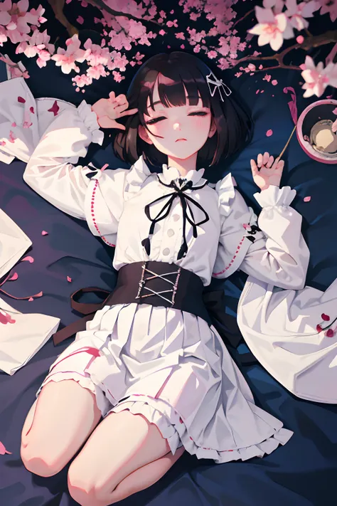 wariza，Curtsey，skirt rift，child，（​masterpiece，Highest Quality），(shortsleeves，White Gothic Lolita)，Sleepy face，Round eyes，A dark-haired，Semi-long bob，bare-legged，Tatami mats，cherry trees