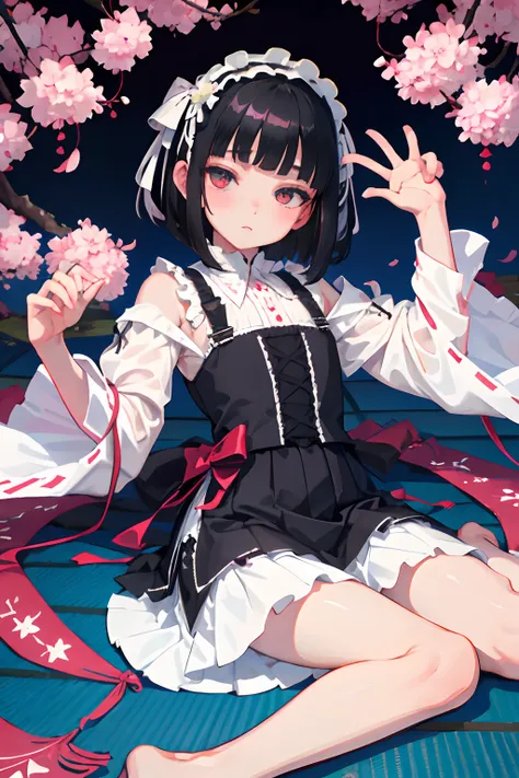 wariza，Curtsey，skirt rift，child，（​masterpiece，Highest Quality），(shortsleeves，White Gothic Lolita)，Sleepy face，Round eyes，A dark-haired，Semi-long bob，bare-legged，Tatami mats，cherry trees