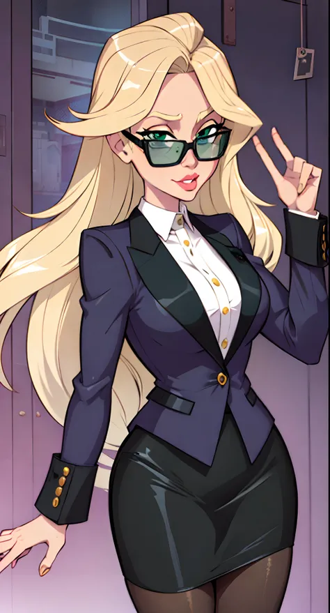 1girl, pencil skirt, pantyhose, blazer, blonde hair, cowboy shot, long hair,, masterpiece, best quality, highly detailed, glasses, green eyes