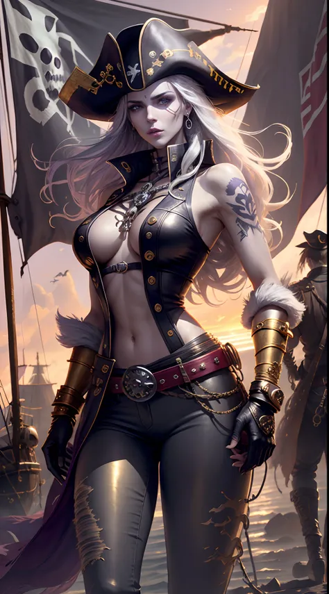 full bodyesbian, Top quality, Intricate details , (Fine skin, Shiny skin, Shiny hair, Pale complexion), Purple sky, golden time, Sunset, Sail ships, Pirate ship, ((Skull mark on flag)), Ambitious, Seductive Woman, Gray hair, Long hair, Hair fluttering in t...