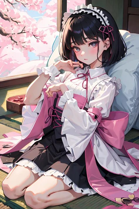 wariza，Curtsey，skirt rift，child，（​masterpiece，Highest Quality），(shortsleeves，White Gothic Lolita)，Sleepy face，Round eyes，A dark-haired，Semi-long bob，bare-legged，Tatami mats，cherry trees