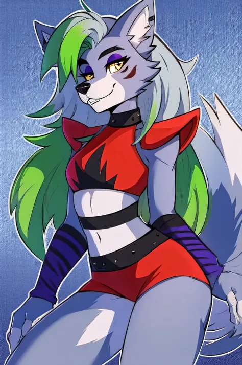 best quality, fnafroxanne, furry female, body fur, makeup, wolf ears, wolf tail, grey hair, green hair, yellow eyes, crop top,