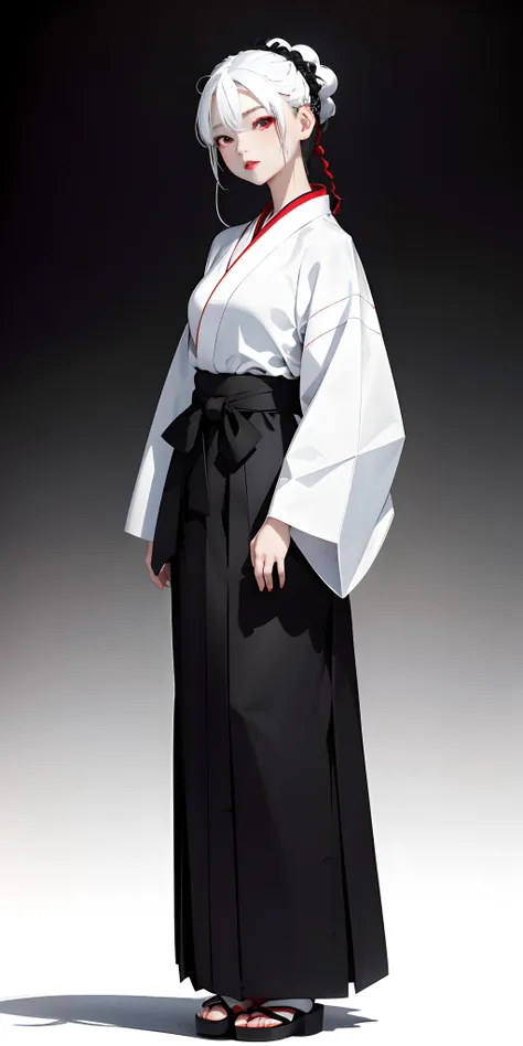 top-quality、​masterpiece、1 girl in、Black background、Black background、Full Body Angle、White and black hakama、Hakama、Standing、black backgrounds、white  hair:1.5、Red Eyes、red-lips、white  clothes、Black and white world、Black and white world、light skinned、Side br...