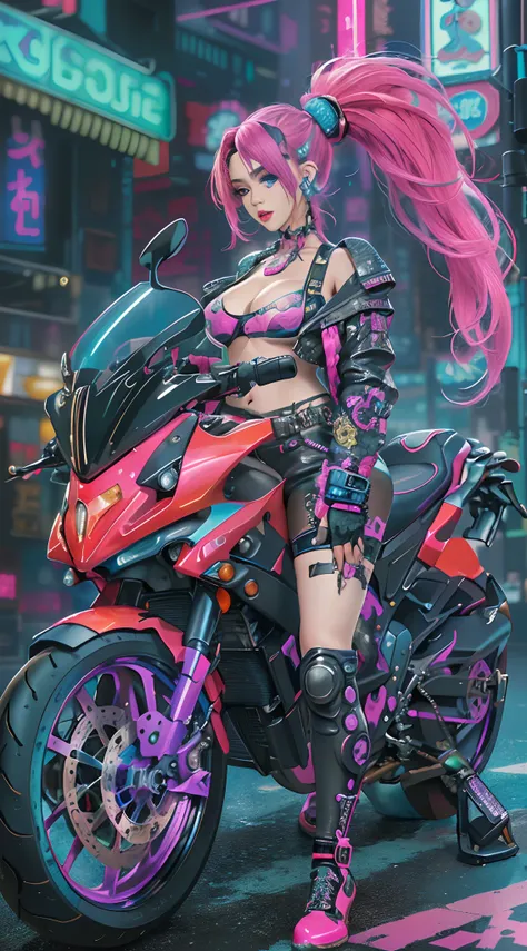 Masterpiece, Best quality, Confident cyberpunk girl, Full body shot, ((Stand in front of the motorcycle)), Popular costumes in Harajuku style, Bold colors and patterns, Eye-catching accessories, Trendy and innovative hairstyle, Vibrant makeup, Cyberpunks d...