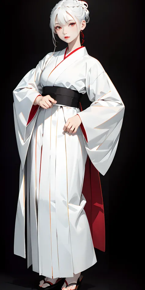 top-quality、​masterpiece、1 girl in、Black background、Black background、Full Body Angle、White and black hakama、Hakama、Standing、black backgrounds、white  hair:1.5、Red Eyes、red-lips、white  clothes、Black and white world、Black and white world、light skinned、Side br...