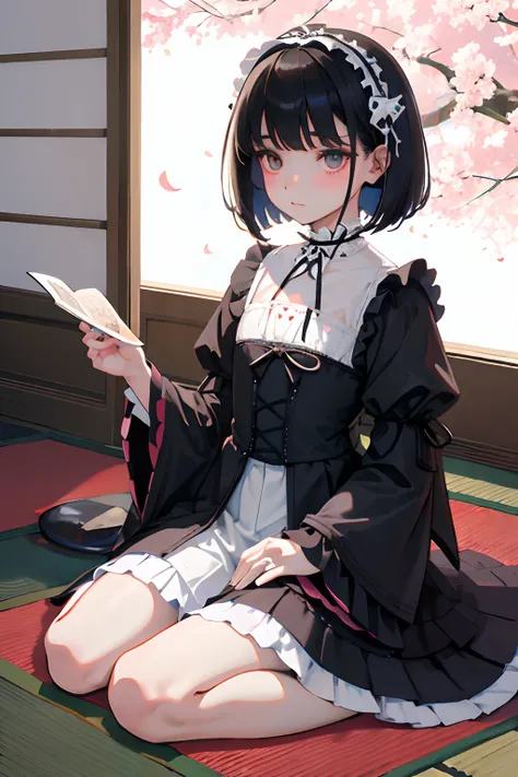 wariza，Curtsey，child，（​masterpiece，Highest Quality），(shortsleeves，White Gothic Lolita)，Sleepy face，Round eyes，A dark-haired，Semi-long bob，bare-legged，Tatami mats，cherry trees