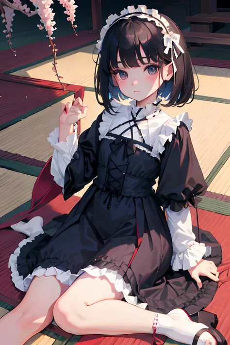 wariza，Curtsey，child，（​masterpiece，Highest Quality），(shortsleeves，White Gothic Lolita)，Sleepy face，Round eyes，A dark-haired，Semi-long bob，bare-legged，Tatami mats，cherry trees