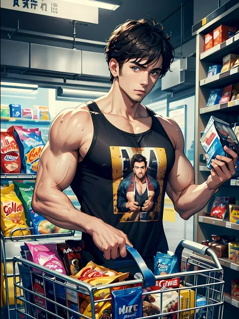 Top Quality, Photorealistic, 8K, High Definition, absurd res, high res, ultra sharp, masterpiece, (masterpiece), best quality, expressive eyes, perfect face, Super eyes, handsome grungy bodybuilder at the Convenience store holding a basket browsing the she...