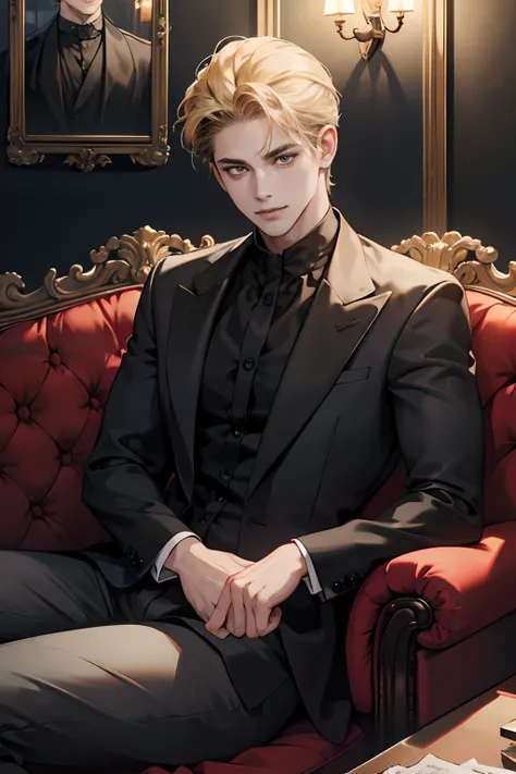 (tmasterpiece, high resolution, ultra - detailed:1.0), (1boy, Young male), Perfect male body, Eyes look at the camera, Extremely detailed CG, Unity 8k wallpaper, Complicated details, solo person, Detailed face, (with short golden hair, Forehead exposed, Bl...