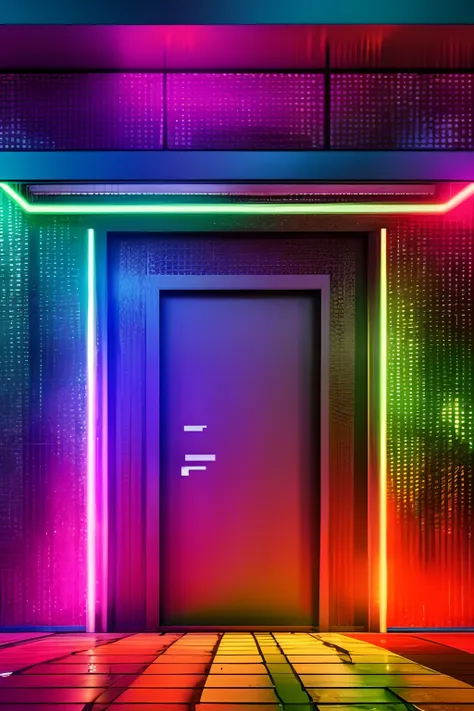 front wall of a nightclub, hidden door, UHD, ultra rendered, high detail, neon, perfectly rendered, fun, hyped up, hidden bar, full detail, glass, wall, with sticker and sign, colorfull