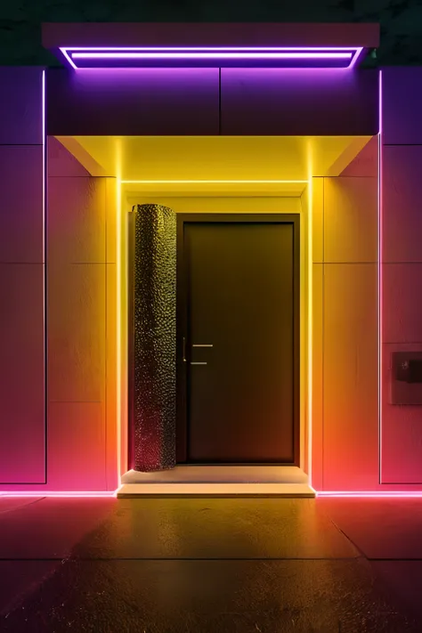 front door of a nightclub, hidden door, UHD, ultra rendered, high detail, neon, perfectly rendered, fun, hyped up, hidden bar, full detail, glass, wall, with sticker and sign, no door, walk way