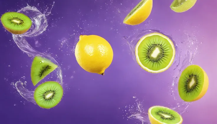 Commercial poster. whole lemon and kiwi. sparkle, glitter, lense flare, splash, high contrast, motion blur, bokeh, a deep purple-yellow gradient background, photorealistic, motion blur, spectacular and bright. best angle