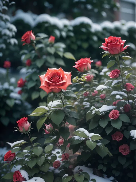 Zoom in on a single rose, Red roses grow on the bushes, The leaves and petals are covered with dust and snow,Shot with a Canon 35mm lens, Photo of roses, Shot with Pentax K1000, Removed from Pentax 1000, Two 5mm ports, Shot at Kodak Portra, Rosa Twinings, ...