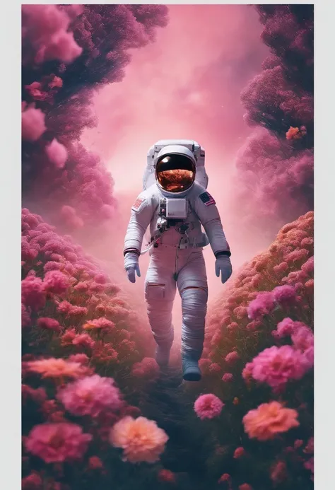 Astronaut walking in a sea of flowers dotted with pink clouds，One astronaut，Astronauts cannot leave this planet，Astronauts get lost in infinite space.