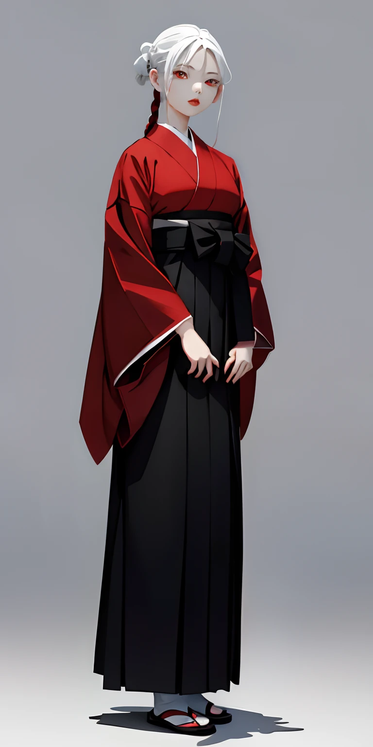 top-quality、​masterpiece、1 girl in、Black background、Black background、Full Body Angle、White and black hakama、Hakama、Standing、black backgrounds、white  hair:1.5、Red Eyes、red-lips、white  clothes、Black and white world、Black and white world、light skinned、Side br...